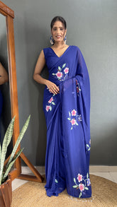 Blue Faux Georgette Hand Printed Ready to Wear Saree